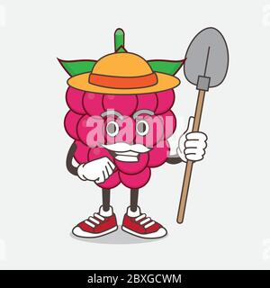 Illustration du personnage de mascotte de dessin animé de framboise avec chapeau et outils de fermier Illustration de Vecteur