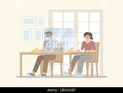 Homme et femme ayant repas sur table avec cloison transparente pour protéger l'infection covid-19, dans l'intérieur du restaurant, social distancement et nouveau NOR Illustration de Vecteur