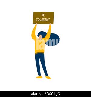 Fille tenant une affiche sur la tête avec les mots être tolérant. Dire non au racisme. Amitié des peuples et tolérance. Lutte pour l'égalité, protestation. Illustration de Vecteur