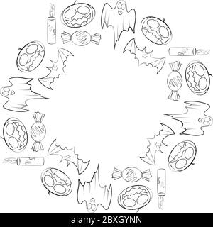 Cadre rond vectoriel pour les fêtes d'Halloween composé de bougies, candys, chauves-souris, fantômes et citrouilles. Illustration vectorielle avec emplacement pour votre tex Illustration de Vecteur