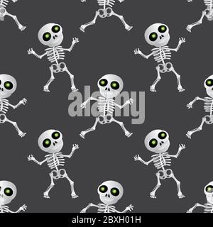 Happy caricature squelette sans couture motif sur fond gris foncé. Illustration vectorielle de joyeux Halloween ou de la journée des morts (Dia de Muertos) Illustration de Vecteur