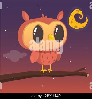 Chouette de dessin animé assise sur la branche sur le fond de la pleine lune Illustration de Vecteur