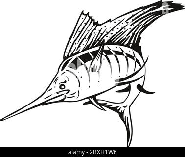 Illustration rétro de style boisés d'un voilier de l'Atlantique, un poisson du genre Istiophorus de billfish vivant dans les zones de mer plus froides, sautant vers le haut vu fr Illustration de Vecteur