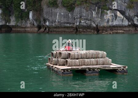 Un pêcheur local se lance avec une charge de paniers à la baie d'Halong, site classé au patrimoine mondial de l'UNESCO. Vietnam, Asie du Sud-est. Banque D'Images