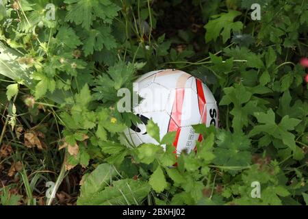 Football ou ballon de football perdu dans le jardin, Royaume-Uni Banque D'Images