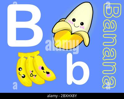 Lettre B minuscule est pour Banana dans la collection de cartes-mémoire de fruits et légumes pour l'apprentissage préscolaire des enfants vocabulaire anglais Banque D'Images