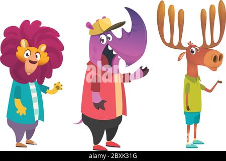 Ensemble animaux de compagnie. Animal dans les vêtements. Style décontracté. Illustration vectorielle de dessin animé. Lion, crocodile, rhinocéros. Illustration de style plat Illustration de Vecteur