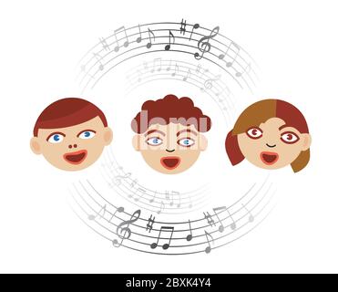 Trois enfants chantant avec des notes musicales. Illustration stylisée du chœur d'enfants avec cercle de notes musicales. Isolé sur fond blanc. Illustration de Vecteur