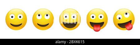 Ensemble de vecteur jaune souriant, rêvant, fou, émoticône fou avec les yeux ouverts sur fond blanc. Collection Icon Emoji de dessin animé brillant et amusant. 3D il Illustration de Vecteur