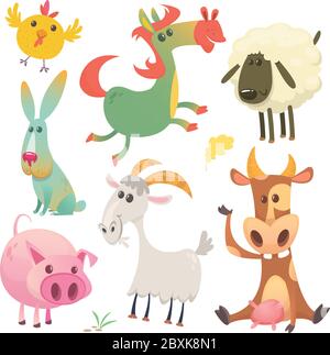 Collection ensemble animaux de ferme mignons. Illustration vectorielle de la vache, du cheval, du poulet, du lapin, du porc, de la chèvre et du mouton Illustration de Vecteur