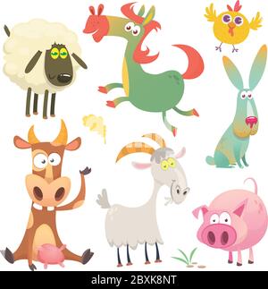 Joyeux animaux de bande dessinée. Animaux de ferme. Illustration vectorielle de la vache, du cheval, du poulet, du lapin, du porc, de la chèvre et du mouton Illustration de Vecteur