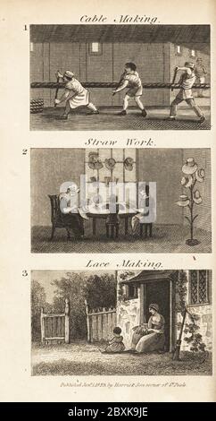 Commerce en Angleterre de Regency. Hommes tordant la corde dans une usine de fabrication de câbles à Deptford 1, femmes et enfants faisant des chapeaux de paille à Dunstable 2 et une femme faisant de la dentelle à l'extérieur d'un chalet à Buckingham 3. Gravure de blocs de bois provenant des scènes du révérend Isaac Taylor de la richesse britannique, dans le secteur des produits, de la fabrication et du commerce, John Harris, Londres, 1823. Isaac Taylor était un écrivain, artiste, graveur et inventeur anglais de 1787 à 1865. Banque D'Images