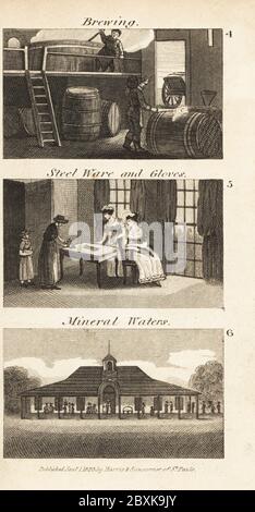 Brassage, verres et gants en acier, et un spa d'eau minérale à Regency England. Brasseurs brasseurs brassant des cuves de bière dans une brasserie Reading 4, femmes achetant des gants à Woodstock 5 et eaux minérales à Cheltenham spa 6. Gravure de bois tirée des scènes du révérend Isaac Taylor de la richesse britannique, dans le secteur de la production, de la fabrication et du commerce, John Harris, Londres, 1823. Isaac Taylor était un écrivain, artiste, graveur et inventeur anglais de 1787 à 1865. Banque D'Images