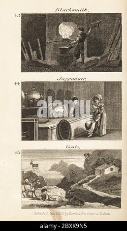 Commerce en Angleterre de Régence : forgeron, jappanner et chèvres. Forgeron avec marteau et enclume devant une forge dans la forêt de Dean 43, homme montrant un plateau laqué ou laqué à Pontypool 44, et chèvres sauvages dans les collines de Pembroke 45. Gravure de bois tirée des scènes du révérend Isaac Taylor de la richesse britannique, dans le secteur de la production, de la fabrication et du commerce, John Harris, Londres, 1823. Isaac Taylor était un écrivain, artiste, graveur et inventeur anglais de 1787 à 1865. Banque D'Images