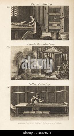 Métiers de Regency England: Fabrication de fromage, fabrication de chèques et impression de coton. Dairymaid fabrication du fromage en Cheshire 55, homme vendant des tabliers en coton à carreaux porte à porte 56, et homme impression des rouleaux de coton avec des blocs de bois à Manchester 57. Gravure de bois tirée des scènes du révérend Isaac Taylor de la richesse britannique, dans le secteur de la production, de la fabrication et du commerce, John Harris, Londres, 1823. Isaac Taylor était un écrivain, artiste, graveur et inventeur anglais de 1787 à 1865. Banque D'Images