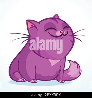 Illustration vectorielle d'un chat gros violet souriant avec les yeux fermés. Dessin animé gros chat rayé Illustration de Vecteur