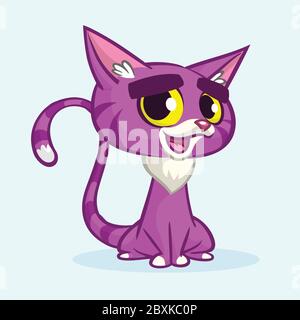 Illustration vectorielle de la chatte violet de dessin animé. Joli chat violet à rayures avec une expression grincheux assis. Illustration de Vecteur