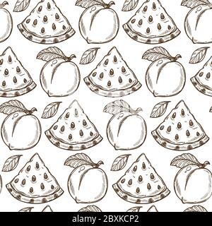 Pastèque et pêche, fruits de saison doux sans coutures Illustration de Vecteur