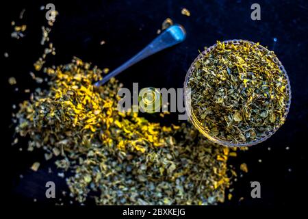 Huile essentielle extraite de Kasuri Methi ou feuilles de fenugrec séchées dans une petite bouteille avec des feuilles de fenugrec séchées brutes. Banque D'Images