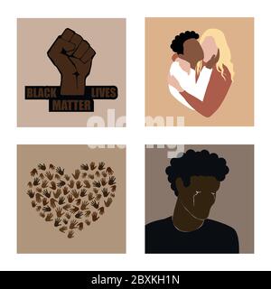 Arrêter le racisme. Les vies noires comptent et protestent poing, deux personnes multiraciales embrassant, de nombreuses mains en forme de cœur, l'homme afro-américain pleure. Mod Illustration de Vecteur