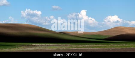 Les nuages créent des ombres intéressantes sur les collines vallonnées des terres agricoles de la région de Palouse, dans l'État de Washington Banque D'Images