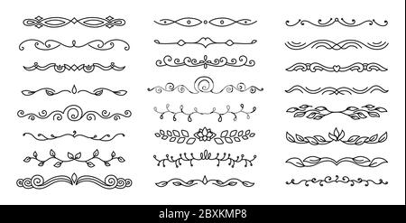 Ensemble de fleurs et de fleurs calligraphiques. Contours fleurit bordures, vignettes de légumes à tourbillons éléments décoratifs, ornements. Éléments graphiques élégants encre noir dessin. Illustration vectorielle Illustration de Vecteur