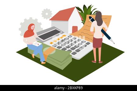 Deux femmes calculent le financement de l'achat d'une maison en versements moderne dessin animé plat. Illustration de Vecteur