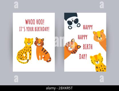 Cartes de vœux avec animaux joyeux. Cartes d'anniversaire avec personnages animaux mignons. Illustration vectorielle de style plat Illustration de Vecteur