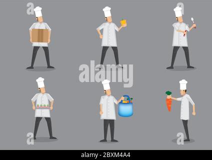 Chef portant un uniforme blanc et toque prêt pour la préparation des aliments. Collection d'illustrations vectorielles de personnages de dessins animés isolées sur fond gris Illustration de Vecteur