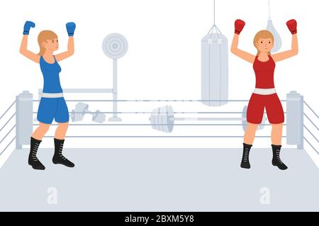 Deux jeunes boxeurs féminins se battent sur le ring. Les personnages de dessins animés s'entraînent ou se disputent. Illustration dangereuse du vecteur sport Illustration de Vecteur