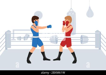 Deux jeunes boxeurs se battent sur le ring. Les personnages de dessins animés s'entraînent ou se disputent. Illustration dangereuse du vecteur sport Illustration de Vecteur