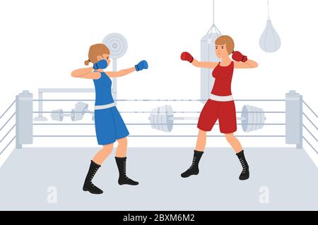 Deux boxeurs féminins se battent sur le ring. Les personnages de dessins animés s'entraînent ou se disputent. Illustration dangereuse du vecteur sport Illustration de Vecteur