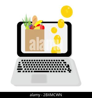 Achats en ligne. Acheter des produits en ligne. Commandez par ordinateur portable Illustration de Vecteur