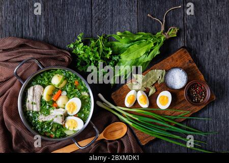 Plat principal : borscht d'ostréime vert d'ostrére frais, oignon vert avec côtes de porc, jeunes pommes de terre, carottes et œufs durs, servi dans une casserole de métal sur un W. Banque D'Images