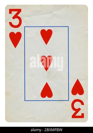 Trois des coeurs Vintage playing card - isolated on white (chemin inclus) Banque D'Images