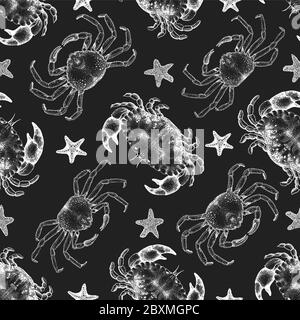 Motif de fruits de mer à la main sans coutures. Crabes vectoriels et illustrations d'étoiles de mer sur tableau de craie. Arrière-plan marin vintage Illustration de Vecteur