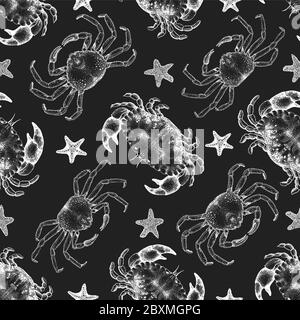 Motif de fruits de mer à la main sans coutures. Crabes vectoriels et illustrations d'étoiles de mer sur tableau de craie. Arrière-plan marin vintage Illustration de Vecteur