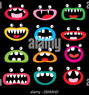 Ensemble d'icônes vectorielles de personnage de dessin animé monstre, visages drôles - bouche ouverte avec dents, langue et yeux Illustration de Vecteur