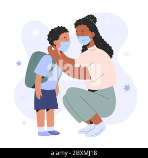 Mère mettant sur le masque de visage sur son enfant garçon pour la protection contre l'infection coronavirus, personnages réalistes de dessin animé, prévention de covid, parent Illustration de Vecteur