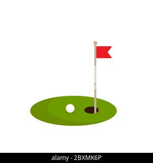 balle de golf sur l'herbe verte et trou avec drapeau rouge. Isolé sur fond blanc. Illustration vectorielle plate. Concept sport. Signe de réalisation des objectifs. Illustration de Vecteur