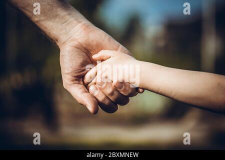 Parent tenant la main d'un petit enfant. La main du père mène son enfant en plein air en été nature. Concept de famille ou de fête des pères. Banque D'Images