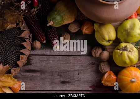 Cadre rural automnal avec citrouilles mûres brillantes, gros tournesol sec, quinces de pomme sur un arrière-plan en bois ancien avec espace vide pour le texte. Banque D'Images