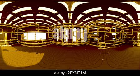 Carte HDRI 4K, arrière-plan panoramique d'environnement sphérique, salle avec de nombreux conduits, rendu de source lumineuse intérieure (rendu 3d équirectangulaire) Banque D'Images