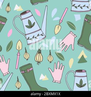 Motif sans couture avec outils de jardin, fond vert, motif en tissu. Illustration de Vecteur