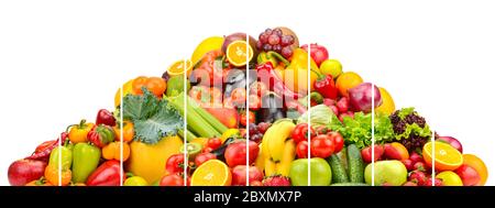 Les légumes et fruits frais colorés de la pyramide ont divisé les lignes verticales isolées sur fond blanc Banque D'Images