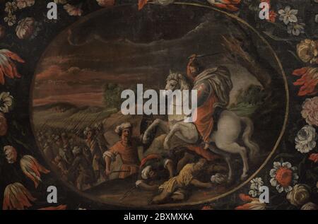 Bataille de Clavijo (844). Selon la tradition, le roi des Asturies Ramiro I, aidé par l'apôtre Saint James monté sur un cheval blanc, a vaincu une armée musulmane dirigée par l'émir de Cordoue Abd-al-Rahman à Clavijo. Saint James dans la bataille de Clavijo. Peinture, 2ème moitié du XVIIe siècle. Attribué à Gabriel de la Corte. Détails. Musée du pèlerinage et Santiago. Saint-Jacques-de-Compostelle, Galice, Espagne. Banque D'Images