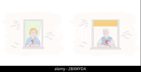 fenêtres avec couple âgé.deux caractères plats - un homme âgé et une femme - voisins communiquent et boivent du café. La façade de la maison avec Illustration de Vecteur