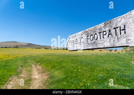 Panneau de sentier pointant sur un pré de foin traditionnel dans la vallée d'Eden près de Kirkby Stephen, dans les Dales occidentales sont du Yorkshire Dales National Banque D'Images