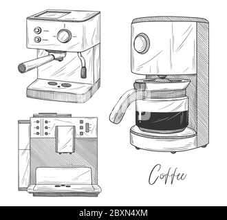 Ensemble de cafetière isolé sur fond blanc. Illustration vectorielle dans le style d'esquisse. Illustration de Vecteur