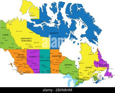 Carte politique du Canada colorée avec des couches clairement étiquetées et séparées. Illustration vectorielle. Illustration de Vecteur